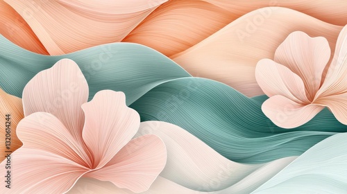 Floral illustration abstract background idea. Elegant floral design with soft pastel waves and flowers for a serene atmosphere.