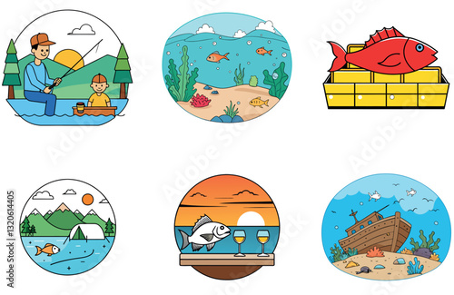 Leaping Sailfish. Bundle of Ocean Wildlife Fishing Collection Icons