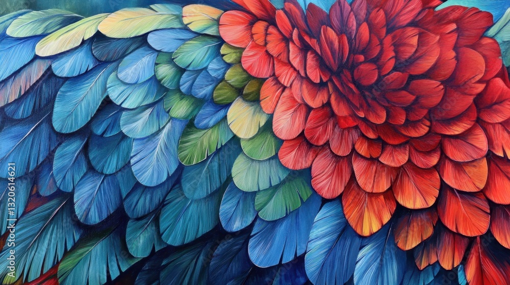 Obraz premium Ultra-detailed close-up of a macaw's feathers, deep blues, reds, and greens blending