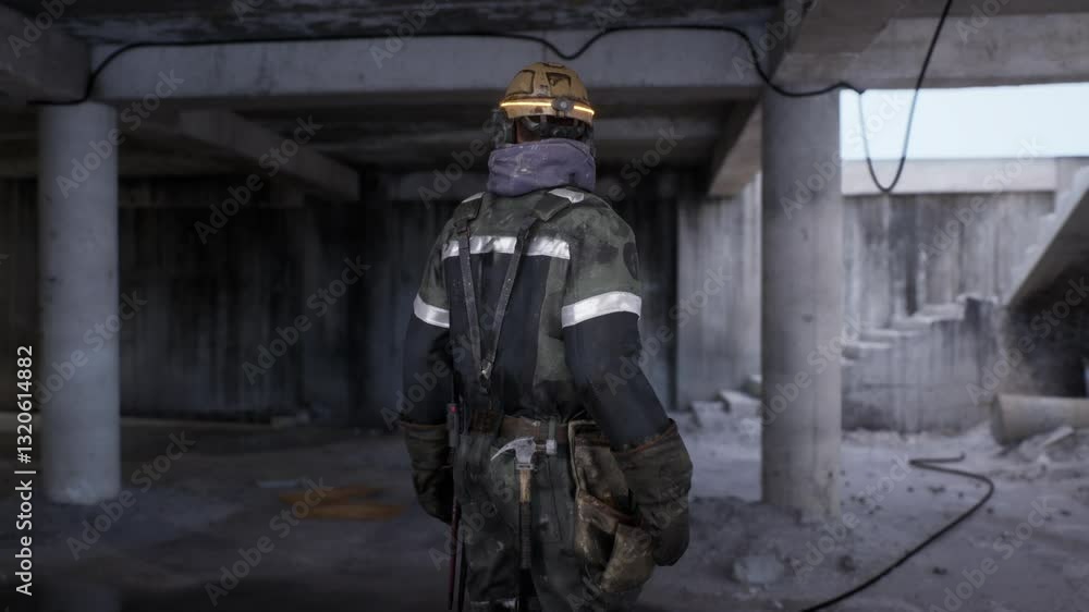A worker dressed in camouflage safety clothing is positioned indoors at a construction site. Wearing a helmet and harness, they prepare for a task amidst unfinished structures. A worker dressed in camouflage safety clothing is positioned indoors at a construction site. Wearing a helmet and harness, they prepare for a task amidst unfinished structures.