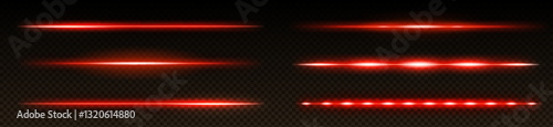 Red neon lines set isolated on transparent background. Vector realistic illustration of bright laser beams glowing in darkness, led tube light, magic energy speed effect, thin horizontal divider
