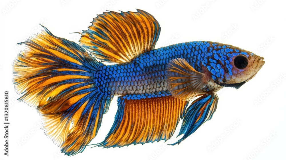 Fototapeta premium Striking portrait of a blue and orange betta fish with unique patterns and fins captured in realistic photography