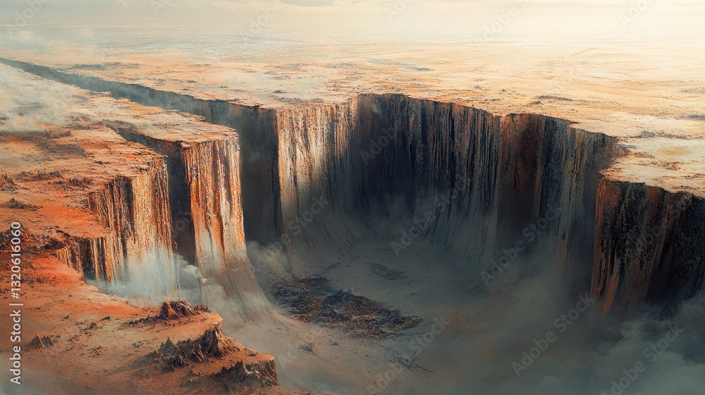 Fototapeta premium A dramatic fissure splitting through a barren wasteland, with crumbling edges and sharp rock formations