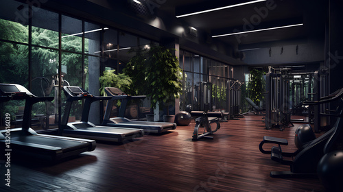 Gym with Dark Tones and Complete Fitness Facilities