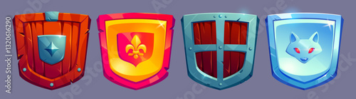 Medieval shields set isolated on gray background. Vector cartoon illustration of ancient knight armor, wooden, iron, golden protection with royal cote of arms, viking defense equipment, war gear