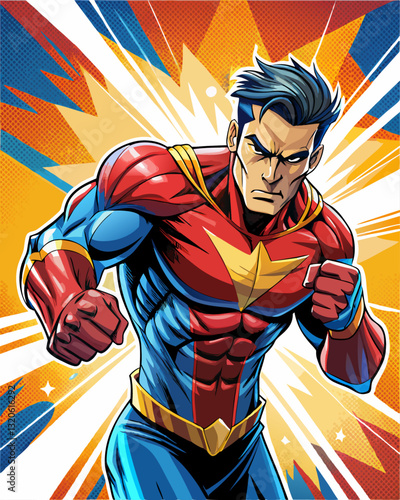 Pop art comic book style super hero punching with male superhero costume poster design