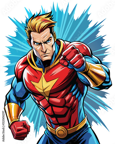 Pop art comic book style super hero punching with male superhero costume poster design wall decoration illustration