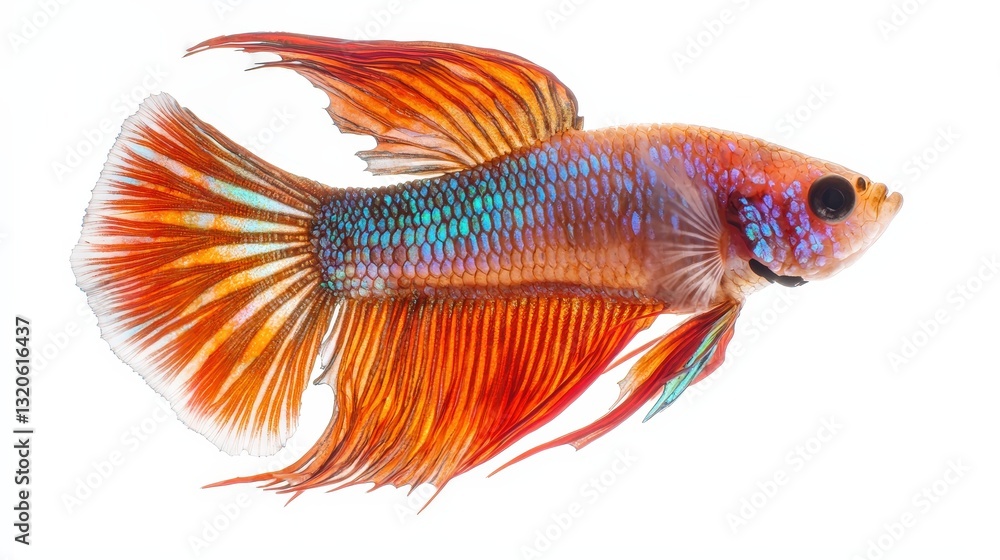 Fototapeta premium Striking siamese fighting fish displaying vibrant colors in a futuristic setting isolated on a clean white background