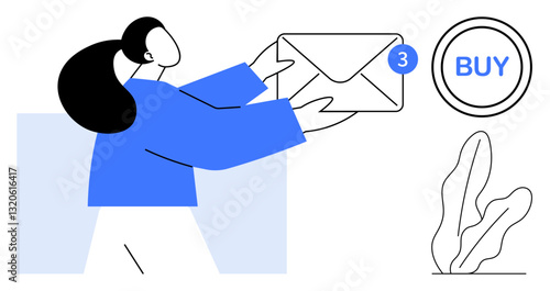 Woman holding an envelope with notification badge near a buy button, conveying digital communication. Ideal for email, shopping, online actions, notifications, marketing, e-commerce, interaction in