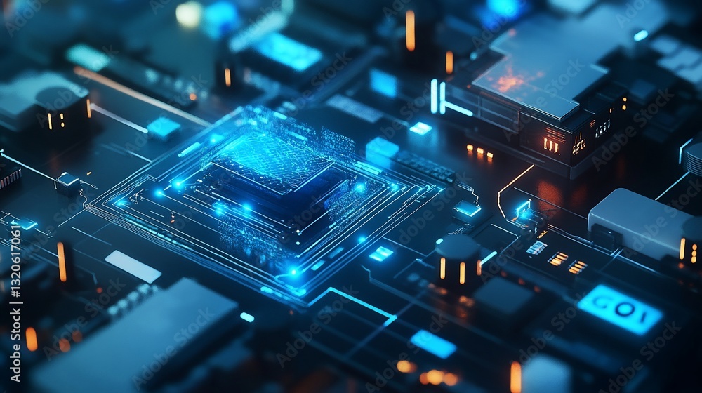 Fototapeta premium Abstract digital circuit board with glowing pathways for technology background