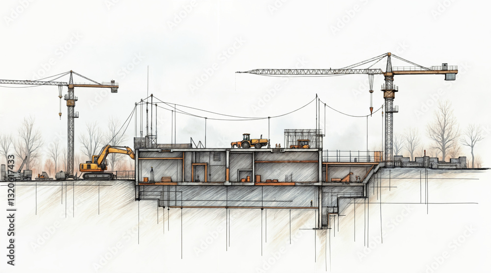 conceptual drawing sketch of construction site . Generative AI conceptual drawing sketch of construction site . Generative AI