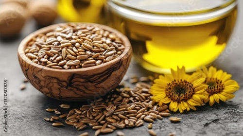 Sunflower seeds in bowl with oil & flowers