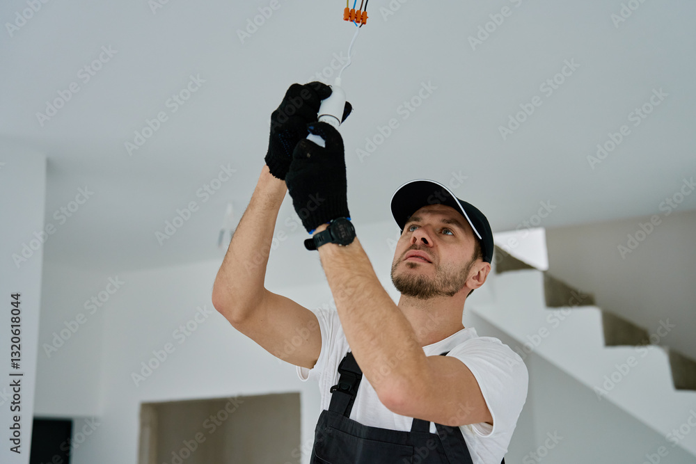 Professional electrician wearing gloves installing light bulb in ceiling socket. Home electrical work during renovation