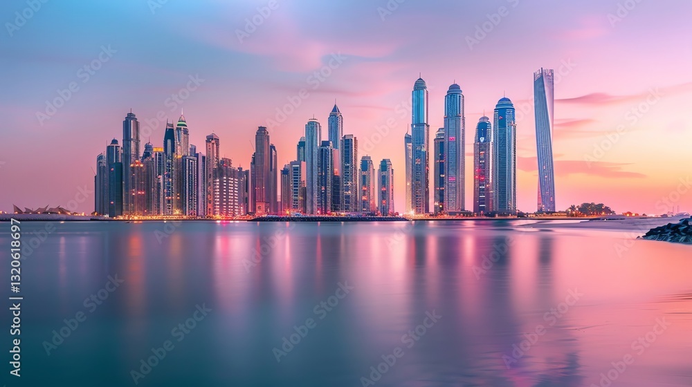 Dubai Skyline at Sunset Reflected on Water with Warm Pink Colors Dubai Skyline at Sunset Reflected on Water with Warm Pink Colors