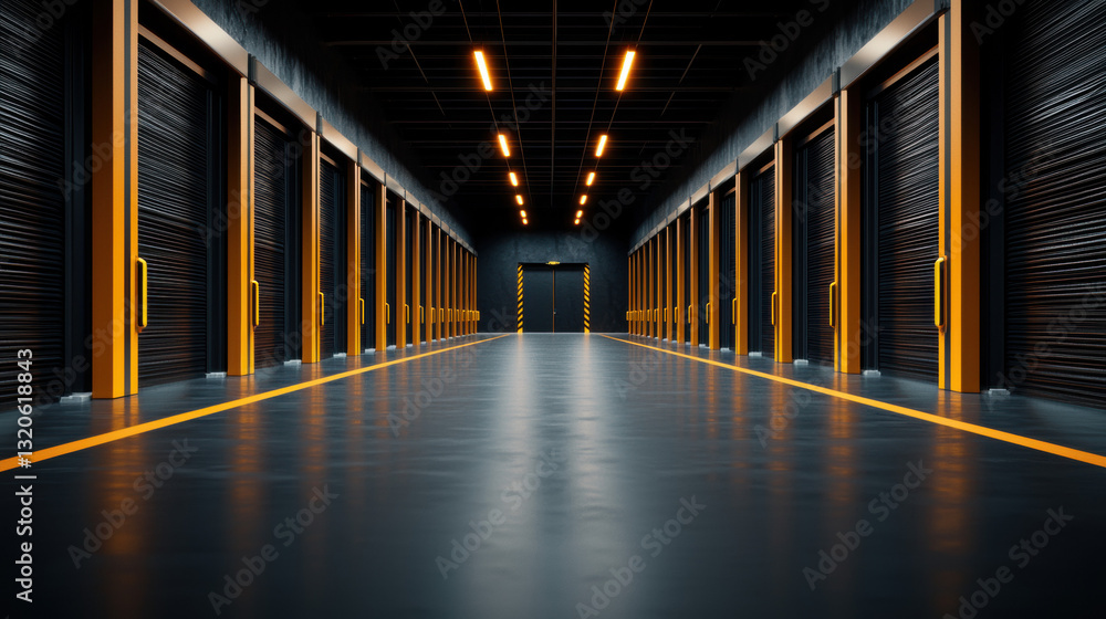 Fototapeta premium Long hallway featuring multiple rows of storage units with bright lighting and industrial design elements