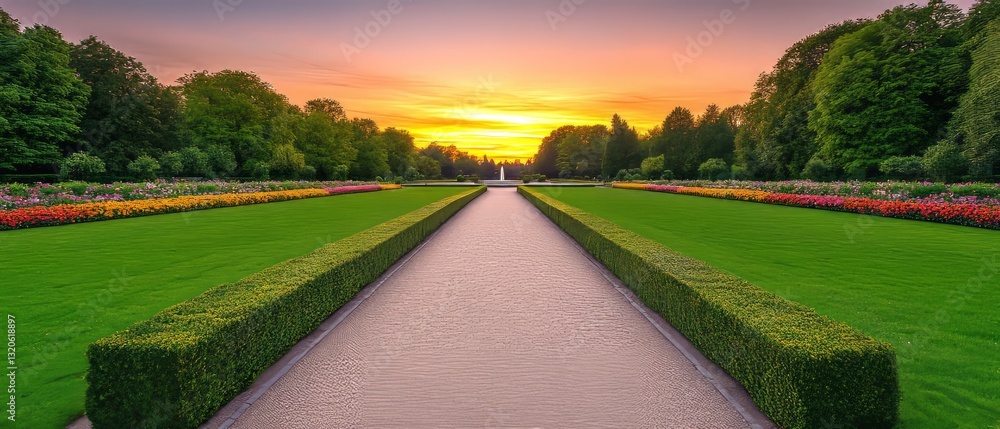 Naklejka premium Park Pathway at Sunset with Flowerbeds