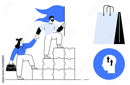 Two individuals climb puzzle-thumbs up stairs while one holds a flag symbolizing leadership. Includes a shopping bag and an upward-minded icon. Ideal for teamwork, ambition, progress, leadership