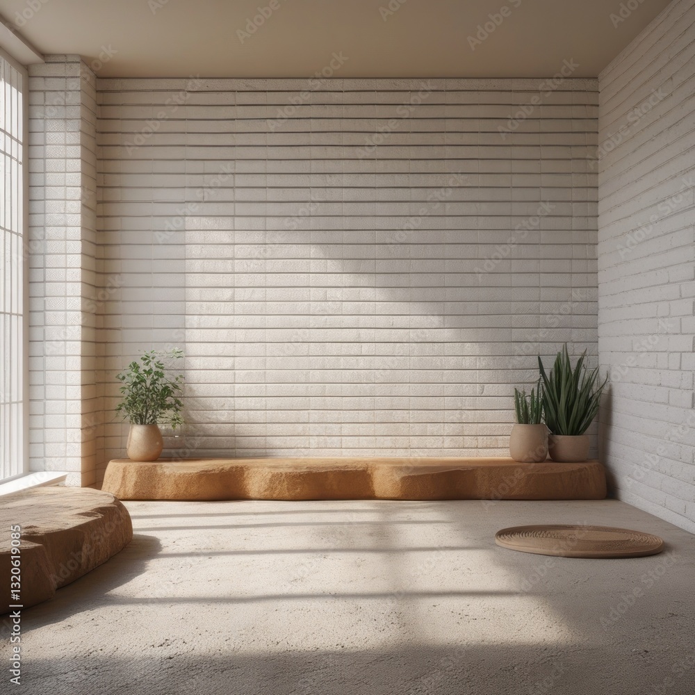 Fototapeta premium Empty living room with white exposed brick walls, wall mockup