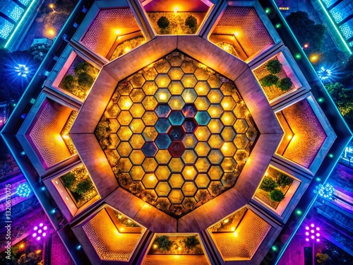 Aerial View Glowing Hexagon Wall Background - Futuristic Architecture Design
