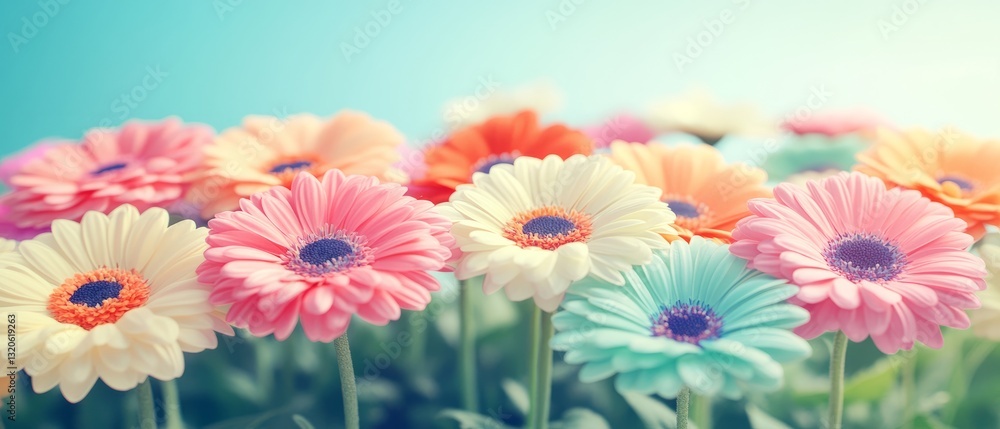 Pastel Flowers in Bloom, Garden Setting Pastel Flowers in Bloom, Garden Setting