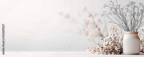 Floral illustration abstract background idea. A serene arrangement of dried flowers in a minimalist vase on a soft, neutral background.