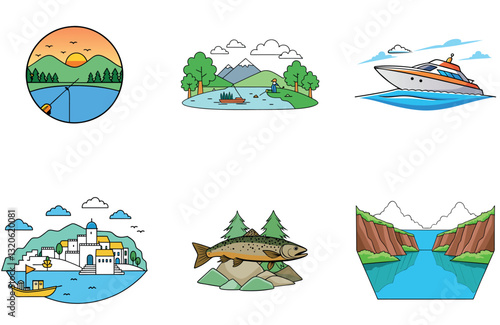 Vintage Sailboat Bundle. Fishing Collection Icons
