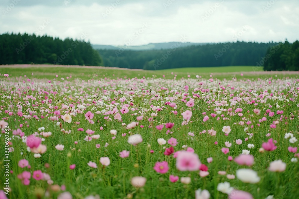 Pink cosmos field, countryside, cloudy sky, forest background Pink cosmos field, countryside, cloudy sky, forest background