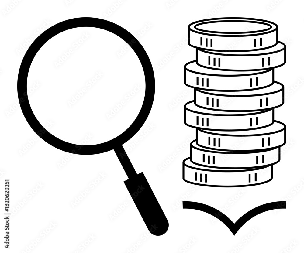 Magnifying glass near coin stack symbolizing scrutiny and money management. Ideal for finance, investment, economy, savings, budget planning, decision-making, business success. Flat simple metaphor Magnifying glass near coin stack symbolizing scrutiny and money management. Ideal for finance, investment, economy, savings, budget planning, decision-making, business success. Flat simple metaphor