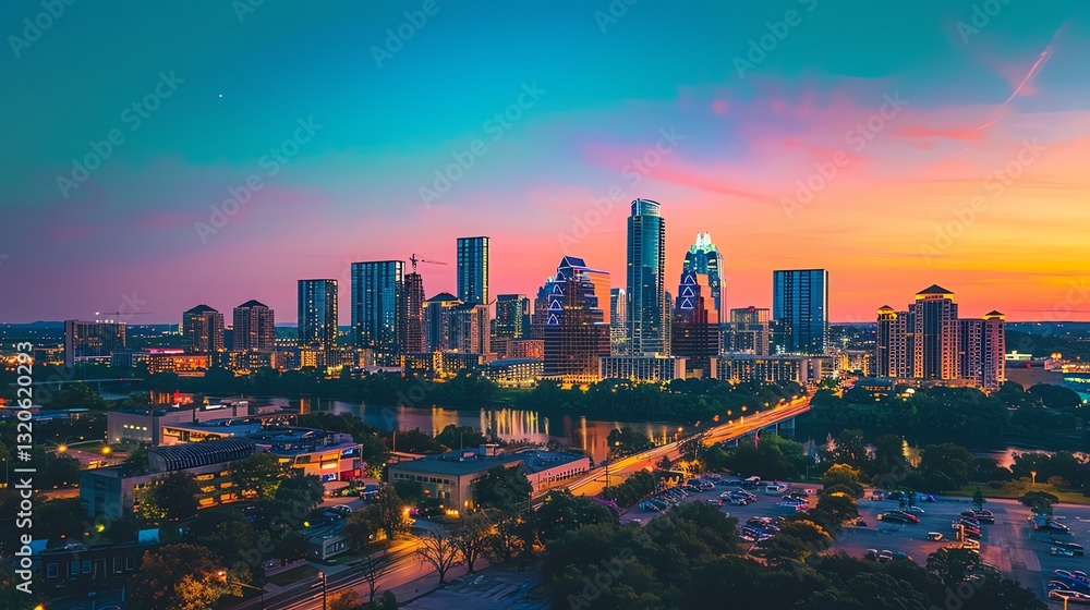Fototapeta premium Downtown Austin Cityscape at Dusk with Colorful Sky and River Reflection