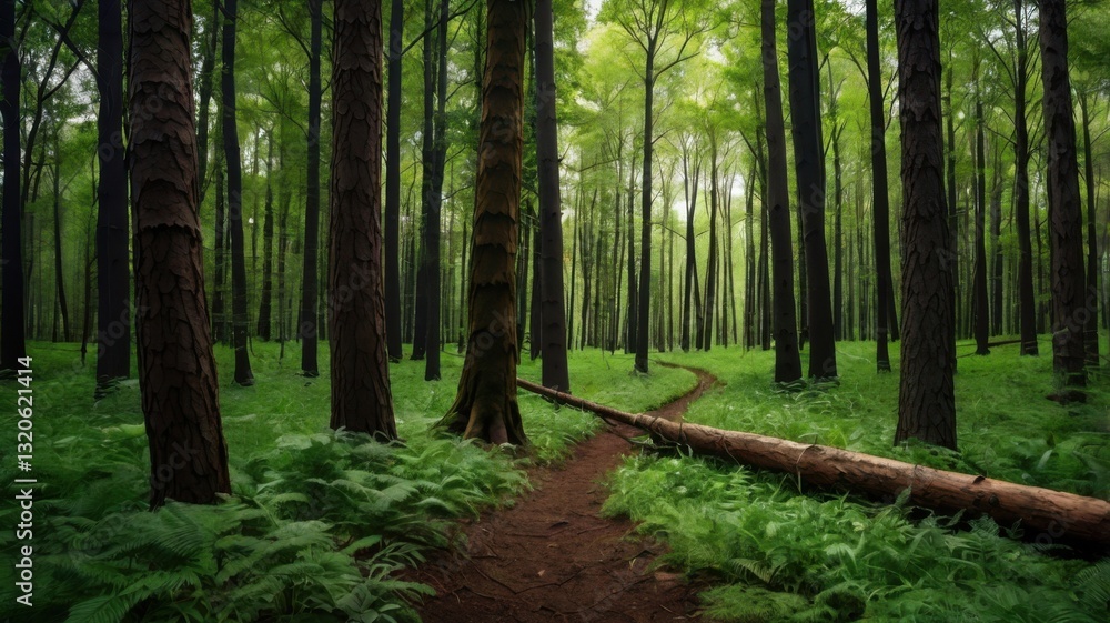 Fototapeta premium A lush and serene forest background featuring tall trees, dense greenery, and a peaceful natural atmosphere, perfect for nature-themed designs.