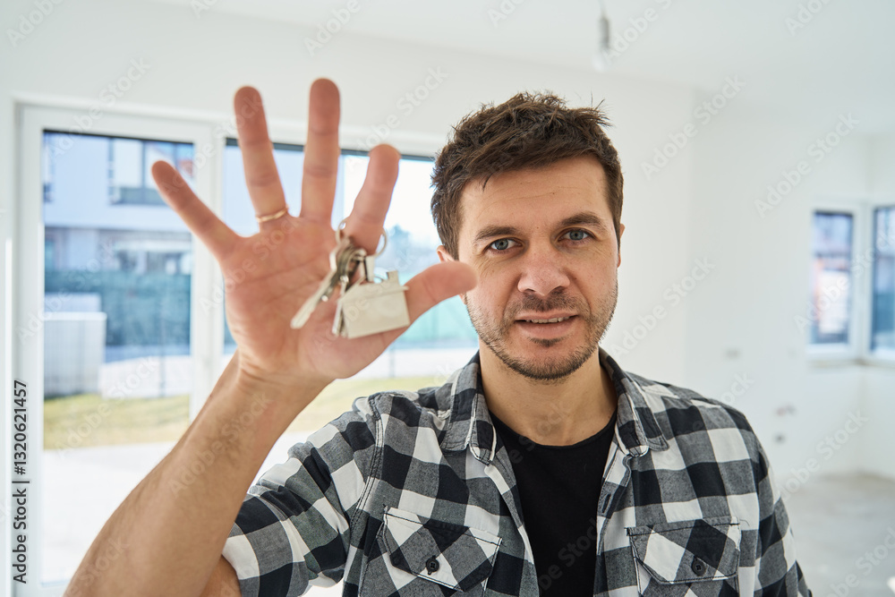 Happy man holding keys to his new apartment. Cheerful male home owner smiling while holding keys in bright, modern interior. Concept of purchase new home and real estate