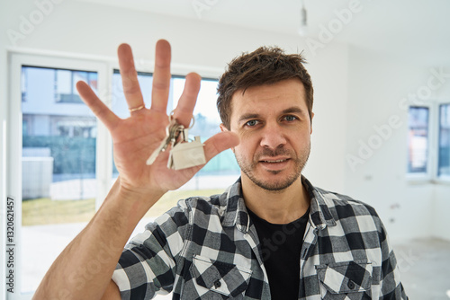 Obraz na płótnie Happy man holding keys to his new apartment. Cheerful male home owner smiling while holding keys in bright, modern interior. Concept of purchase new home and real estate w salonie
