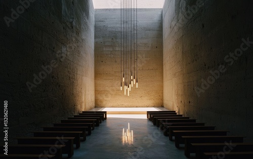 Minimalist chapel interior with concrete walls, wooden benches, and simple lighting.  Candles illuminate the altar area.  A serene and contemplative atmosphere