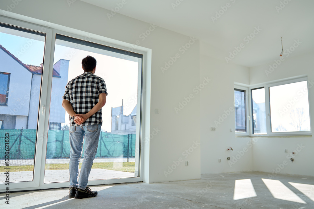 Rear view of man standing in an new empty apartment, looking out the window at modern residential neighborhood. Concept of real estate investment, property purchase and home renovation