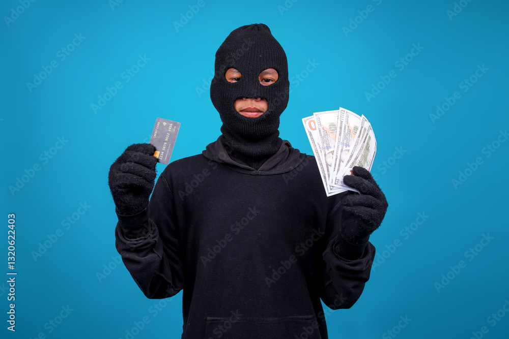 Mysterious Masked Man And Thief Showing Some Stolen Money and Credit Card Against Blue Background Mysterious Masked Man And Thief Showing Some Stolen Money and Credit Card Against Blue Background