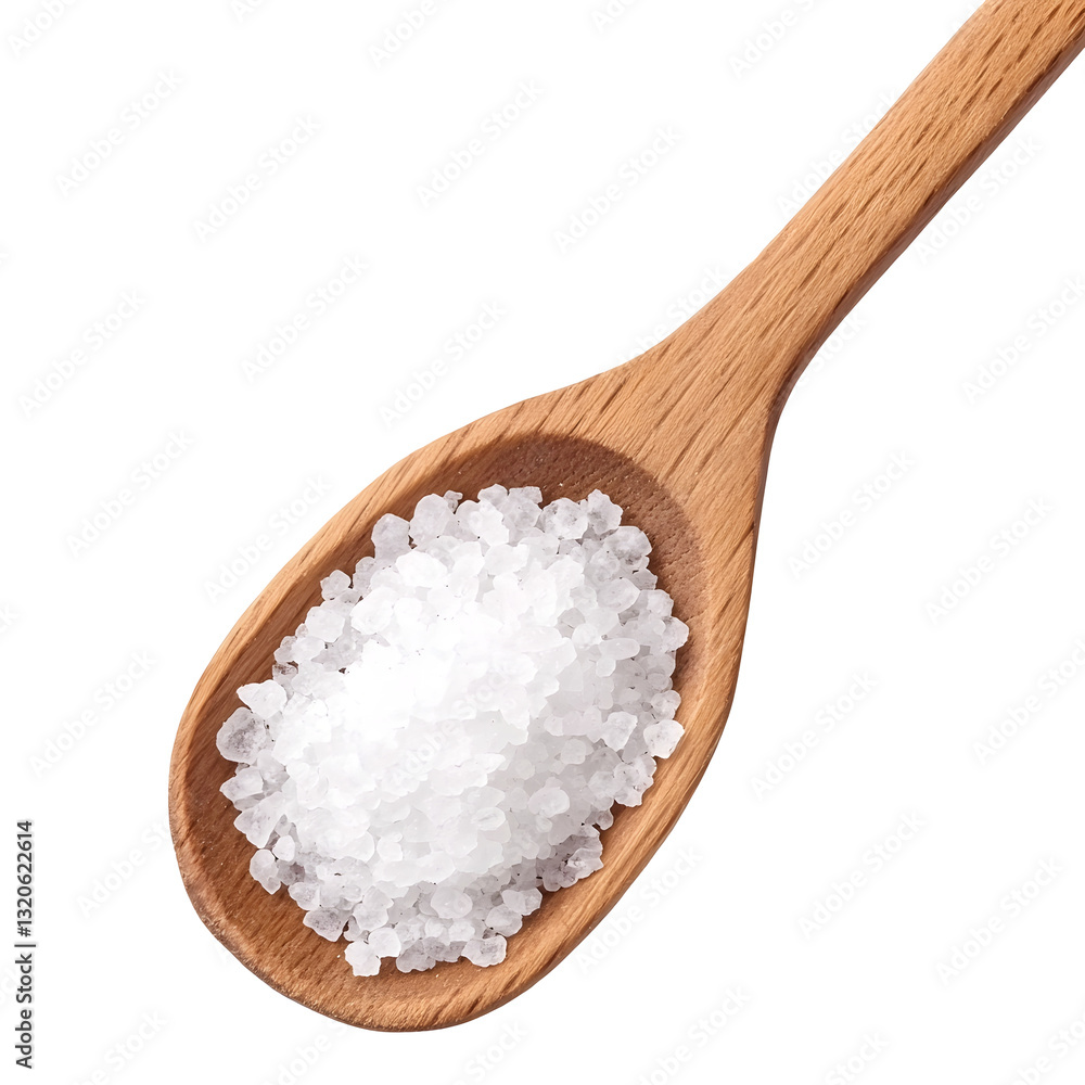 Beautifully crafted wooden spoon with delicate white salt grains slightly rough textured surface and soft natural lighting perfectly isolated on a transparent background Beautifully crafted wooden spoon with delicate white salt grains slightly rough textured surface and soft natural lighting perfectly isolated on a transparent background