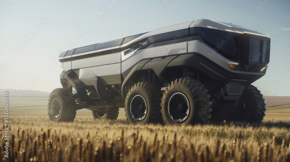 Autonomous futuristic farming vehicle harvesting crops in expansive wheat field
Autonomous futuristic farming vehicle harvesting crops in expansive wheat field
