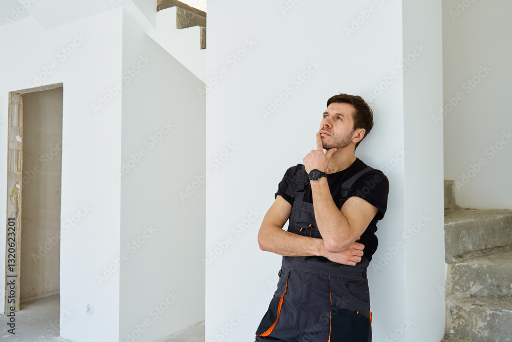 Thoughtful professional construction worker in black overalls standing in unfinished apartment. Man thinking about renovation plans in newly purchased home