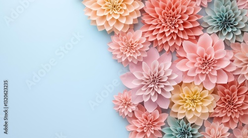 Floral illustration abstract background idea. Beautiful pastel flowers arranged elegantly on a soft blue background.