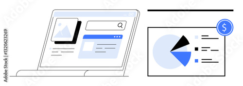 Laptop with open web interface beside a financial dashboard showing pie chart and analytics. Ideal for business insights, data visualization, finance, research, technology, strategy, productivity