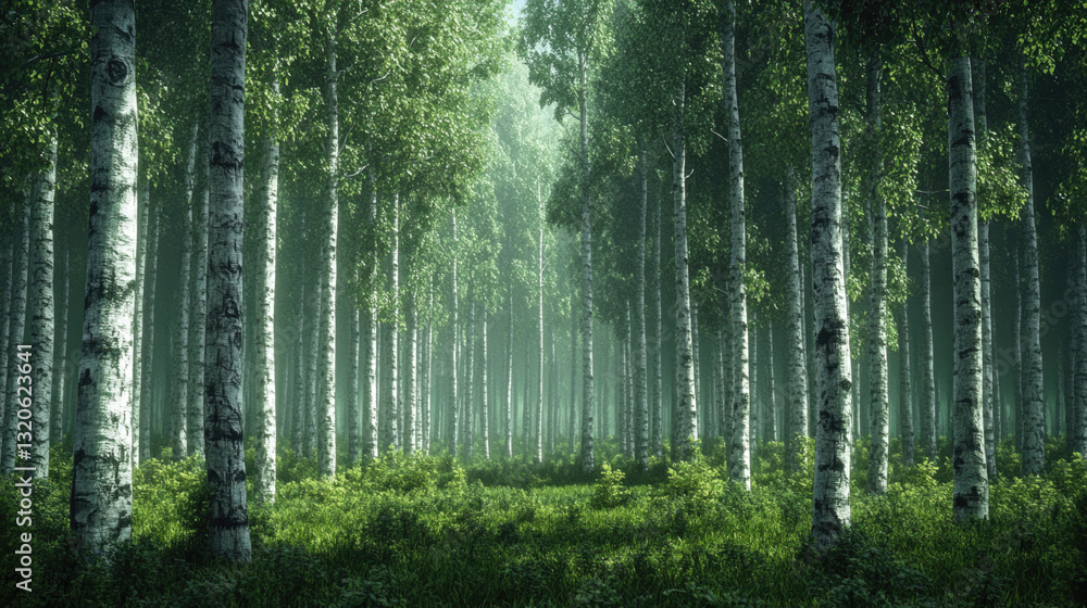 Obraz premium It is a natural landscape of a forest with sunlight pouring down, green weeds growing on the ground, and many tall, green trees.