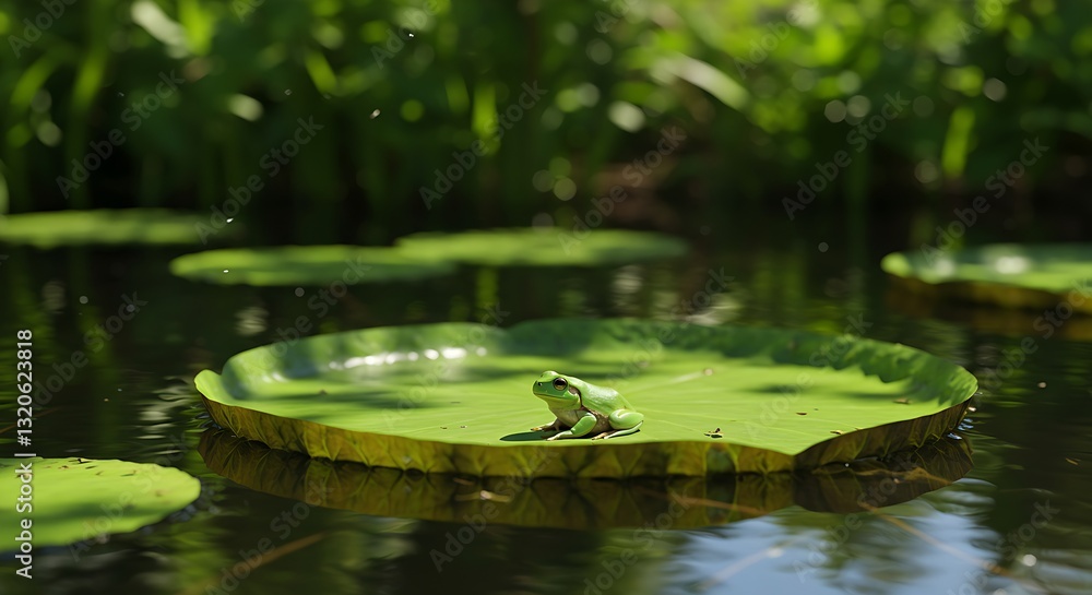 Fototapeta premium A small frog sitting on a vibrant green lily pad in a calm pond.