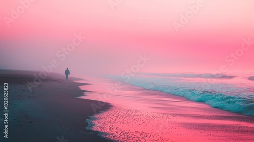 Seascape abstract background concept. A serene beach at sunset with gentle waves and a lone figure walking along the shore.