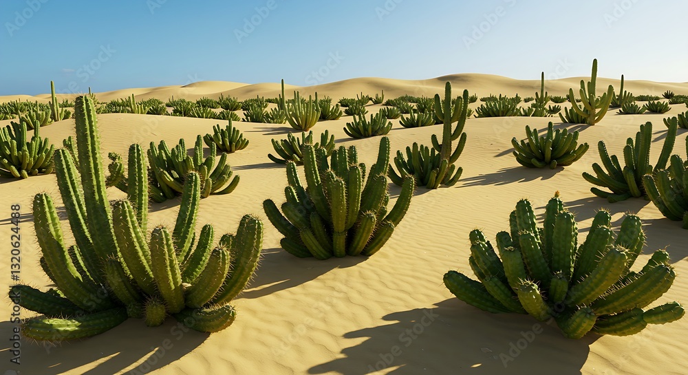 Obraz premium A variety of green cacti growing in a sandy desert, standing tall under the bright sun.