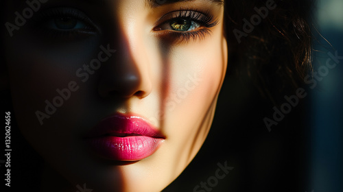 A model with bright pink lips, half-shadowed face, exuding elegance and mystery in dramatic lighting.