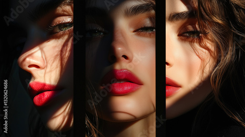 A model with bright pink lips, half-shadowed face, exuding elegance and mystery in dramatic lighting.