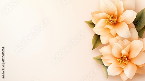 Floral illustration abstract background idea. Beautiful peach-colored flowers with delicate petals and soft green leaves on a light background.