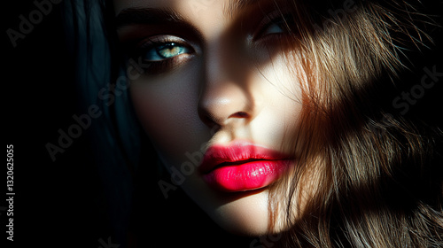 A model with bright pink lips, half-shadowed face, exuding elegance and mystery in dramatic lighting.