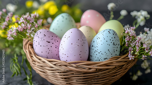 A basket filled with pastel-colored chocolate Easter eggs, arranged with decorative flowers and small plants for a festive and joyful Easter display.A basket filled with pastel-colored chocolate Easte