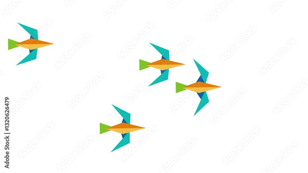 Four colorful origami birds are flying together in formation on a transparent background, with minimalist design